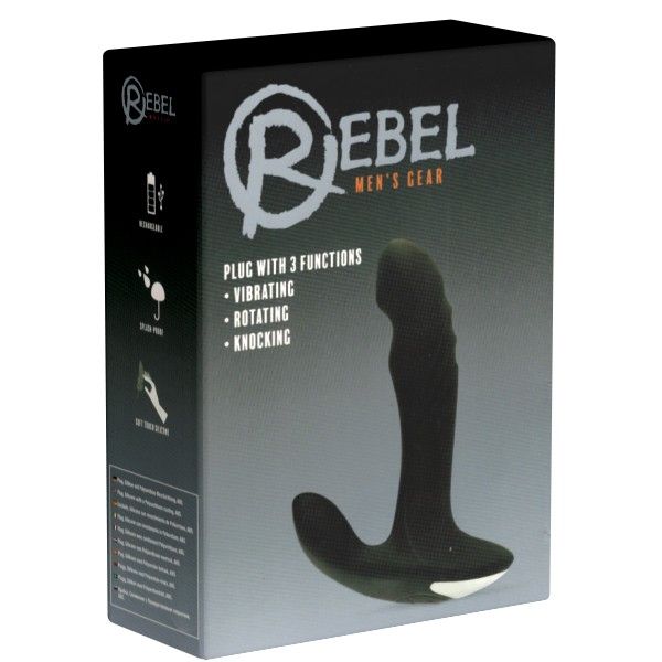 Emballage pour REBEL Plug avec 3 fonctions : Vibrating, Rotating, Knocking. Plug noir représenté.