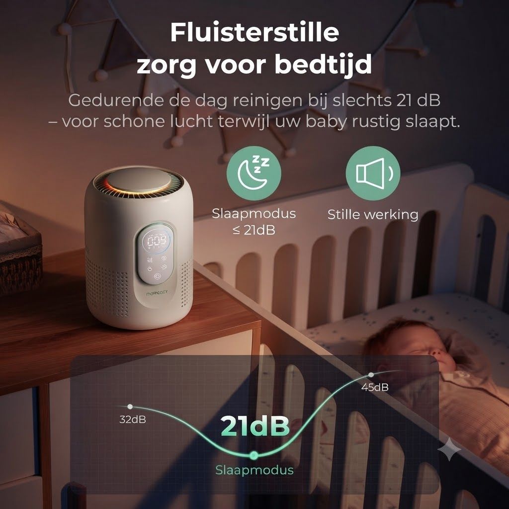 Een witte luchtreiniger met digitaal display en bedieningselementen, naast een babybedje geplaatst.
