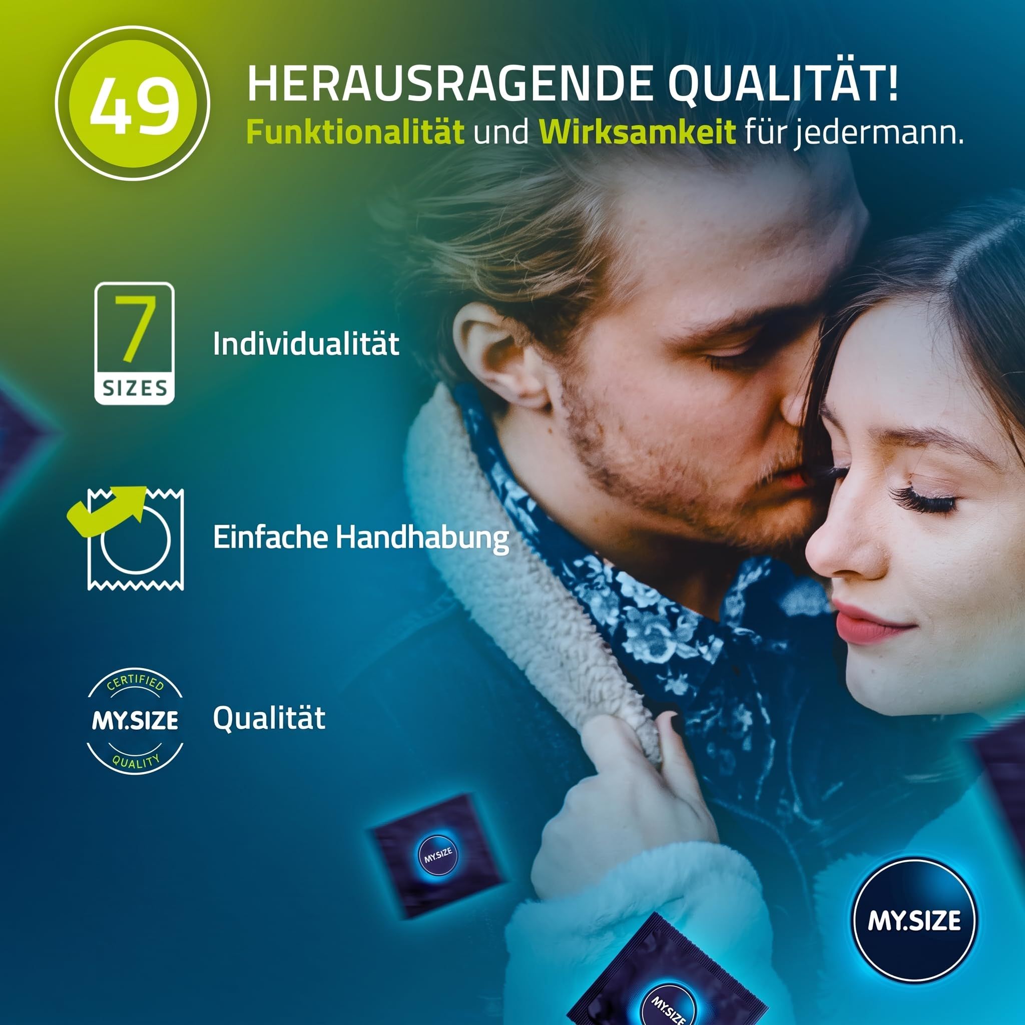 Couple s'enlaçant, icônes à gauche pour 7 tailles, manipulation facile et qualité.