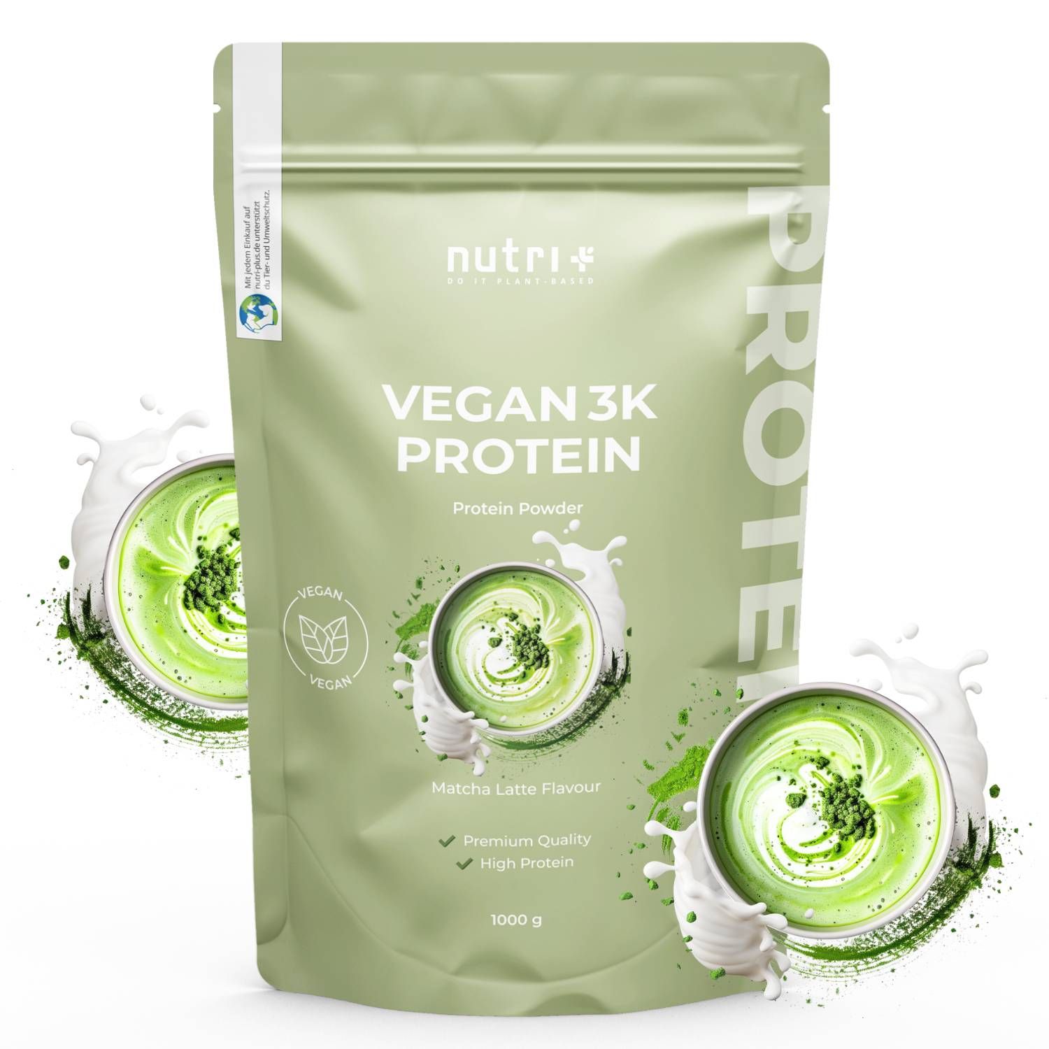 nutri+ Vegan Proteïnepoeder 3k Matcha Latte smaak. Een zak met twee weergaven van een matcha drankje.