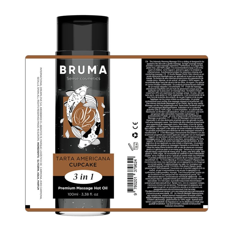 BRUMA 3 in 1 Premium Massage Hot Oil fles met etiket en achterkant met productinformatie en barcode.