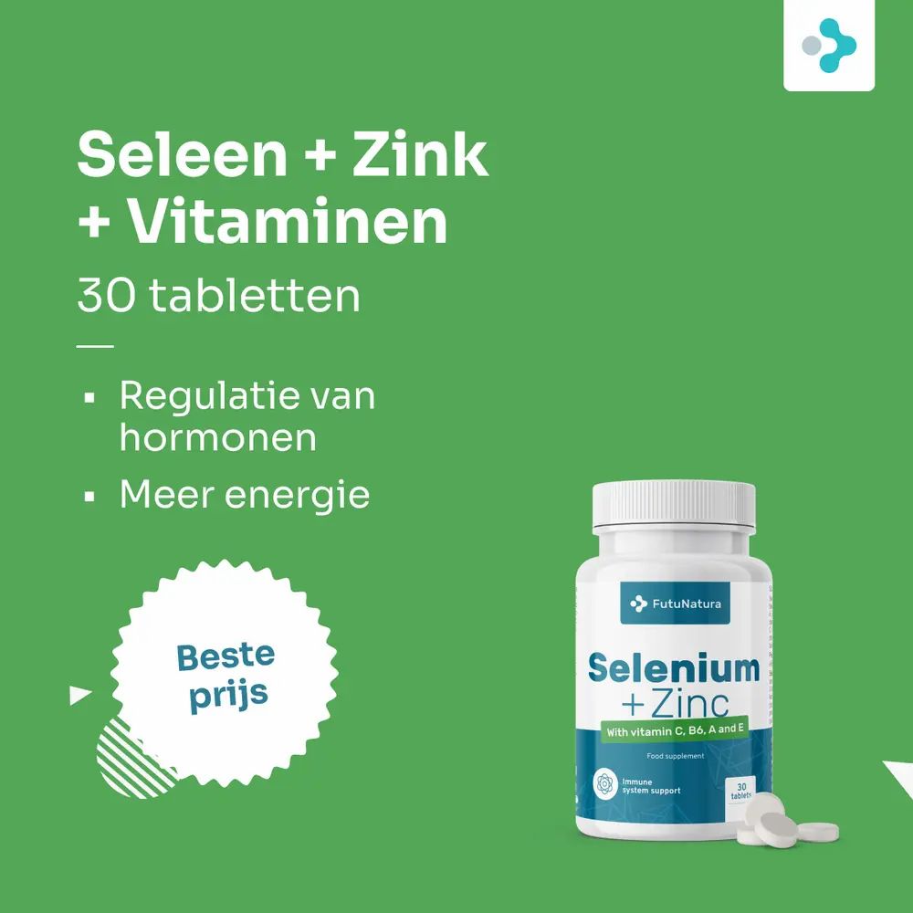 Fles FutuNatura Selenium + Zink met tabletten ernaast. Opschrift: Selenium + Zink, met vitamine C, B6, A en E. 30 tabletten.
