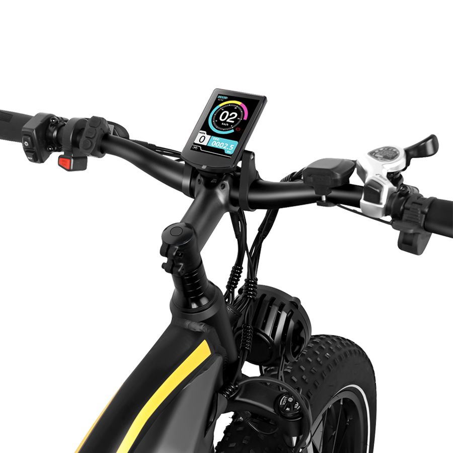 Stuur van elektrische mountainbike. Digitaal display, bediening, koplamp.