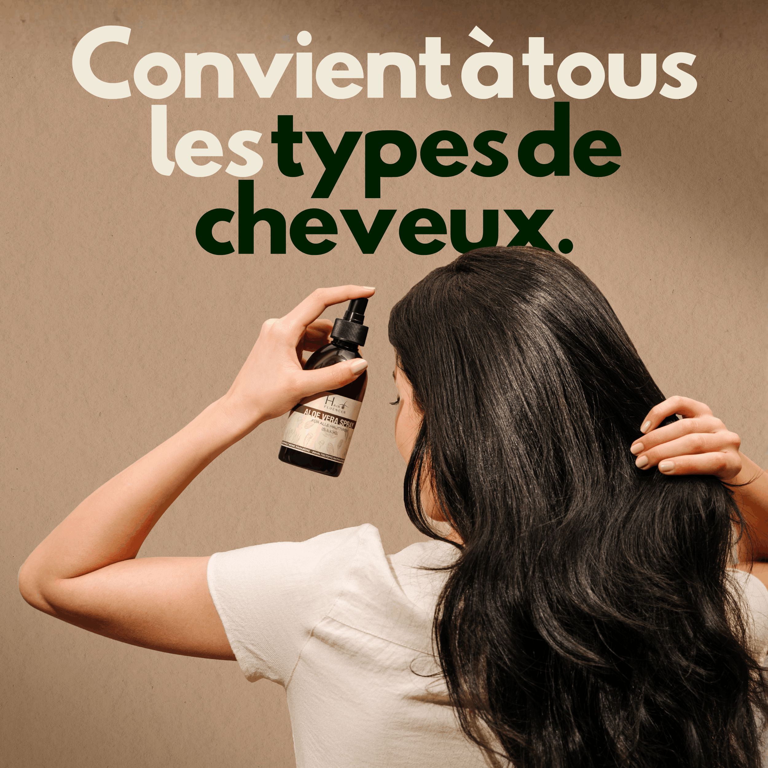 Femme se vaporisant les cheveux. Texte: Convient à tous les types de cheveux.
