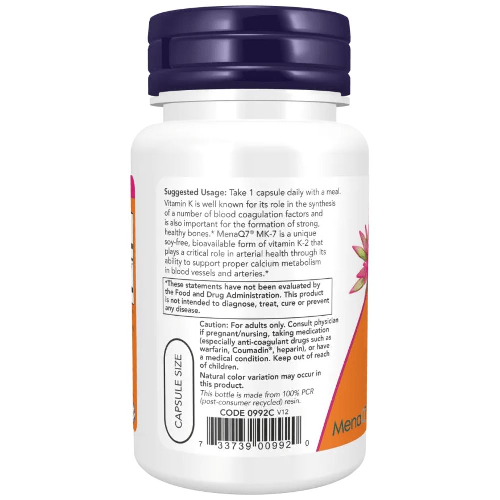 Dos du flacon. Contient les instructions d'utilisation et les avertissements. Contient de la vitamine K2. Avec code-barres.