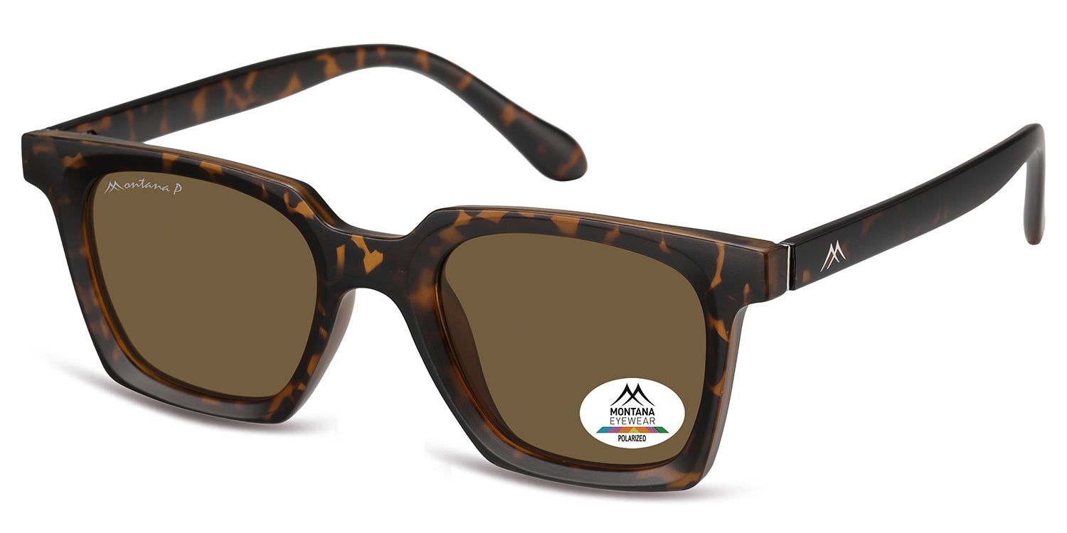 Lunettes de soleil marron avec monture marron à motifs. Un autocollant sur le verre droit affiche le logo et l'inscription 'POLARIZED'.