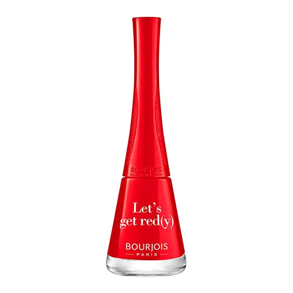 Rode nagellak in een fles met gebogen hals. Opschrift 'Let's get red(y)' en merknaam 'Bourjois Paris' zichtbaar.