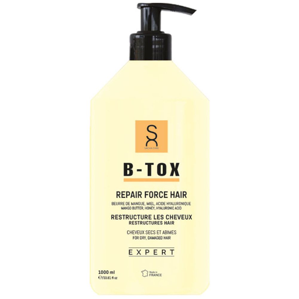 Gele fles met zwarte pomp. Opschrift B-TOX, Repair Force Hair. Tekst in het Frans en Engels. Expert-logo.