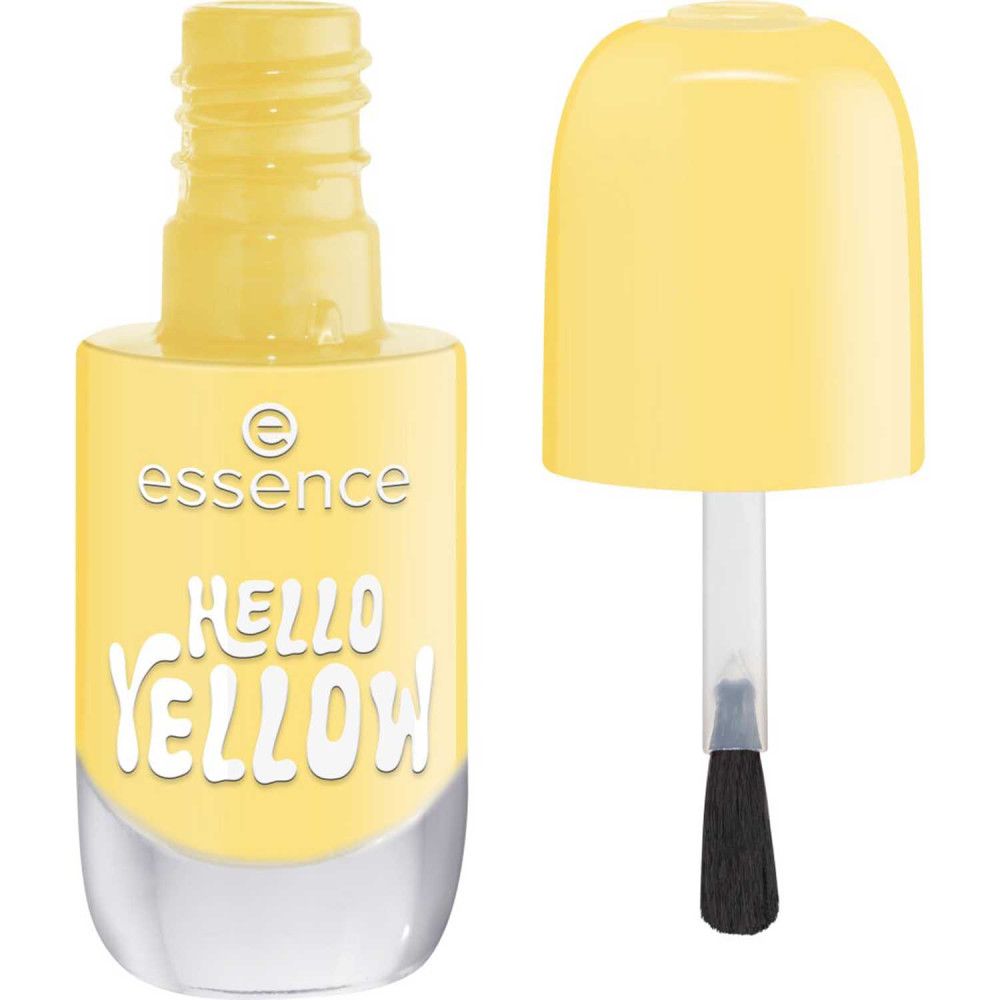 Vernis à ongles gel jaune. Flacon ouvert avec pinceau. Inscription "HELLO YELLOW" et "essence".
