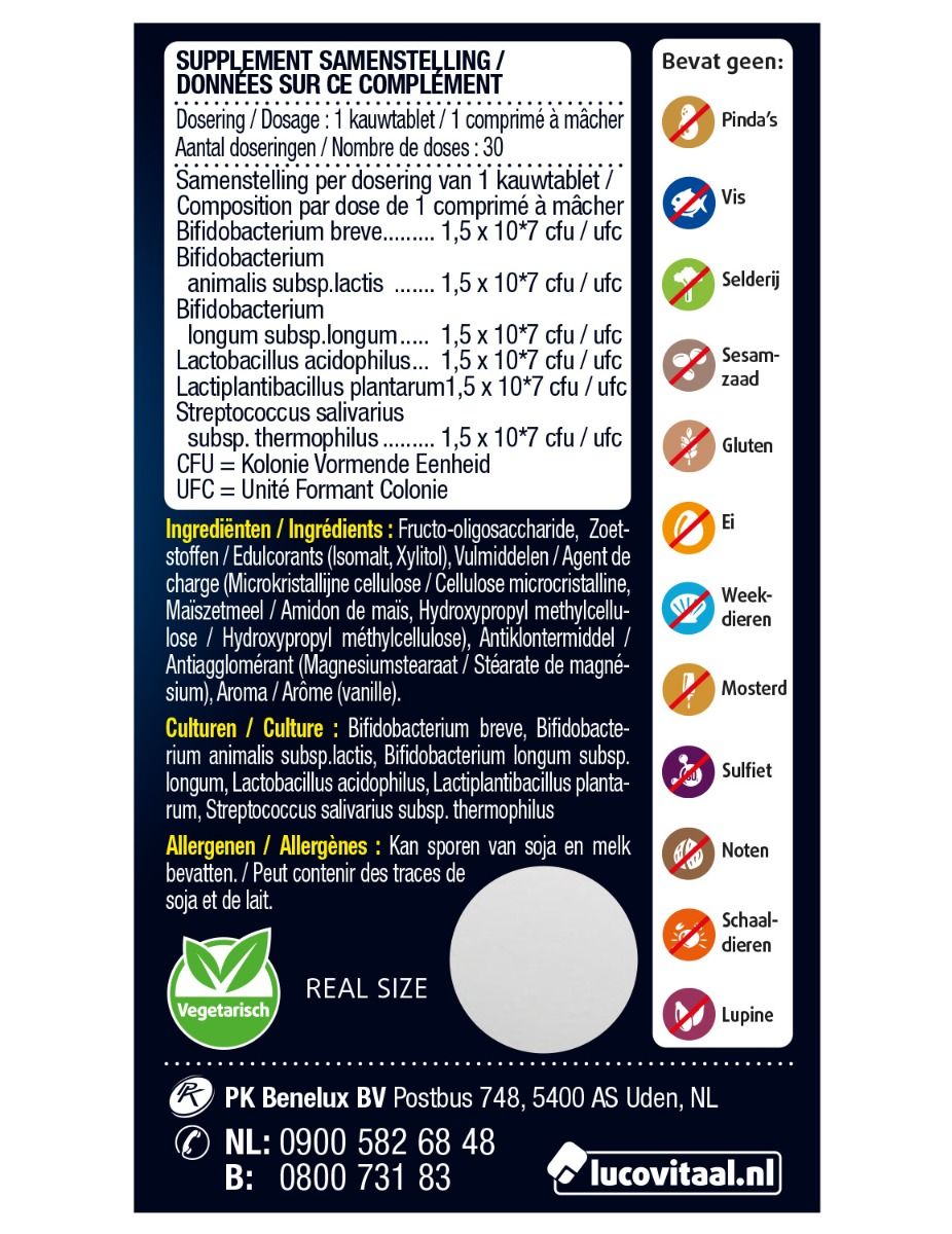 Achterkant verpakking "Lucovitaal BioticoMel". Bevat info over ingrediënten, dosering en allergenen. Vegetarisch logo.