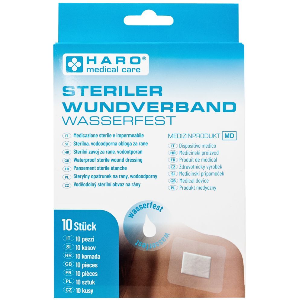 Verpakking met steriele, waterdichte wondverband. Bevat 10 stuks. Merk: HARO medical care. Opschrift: Steriler Wundverband wasserfest.