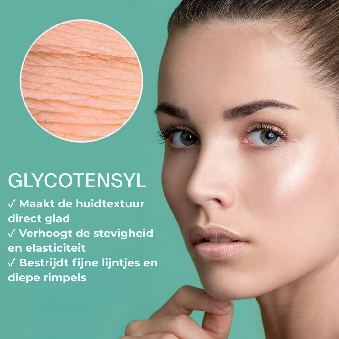 Close-up van een gezicht. Tekst: Glycotensyl. Maakt de huidtextuur direct glad.