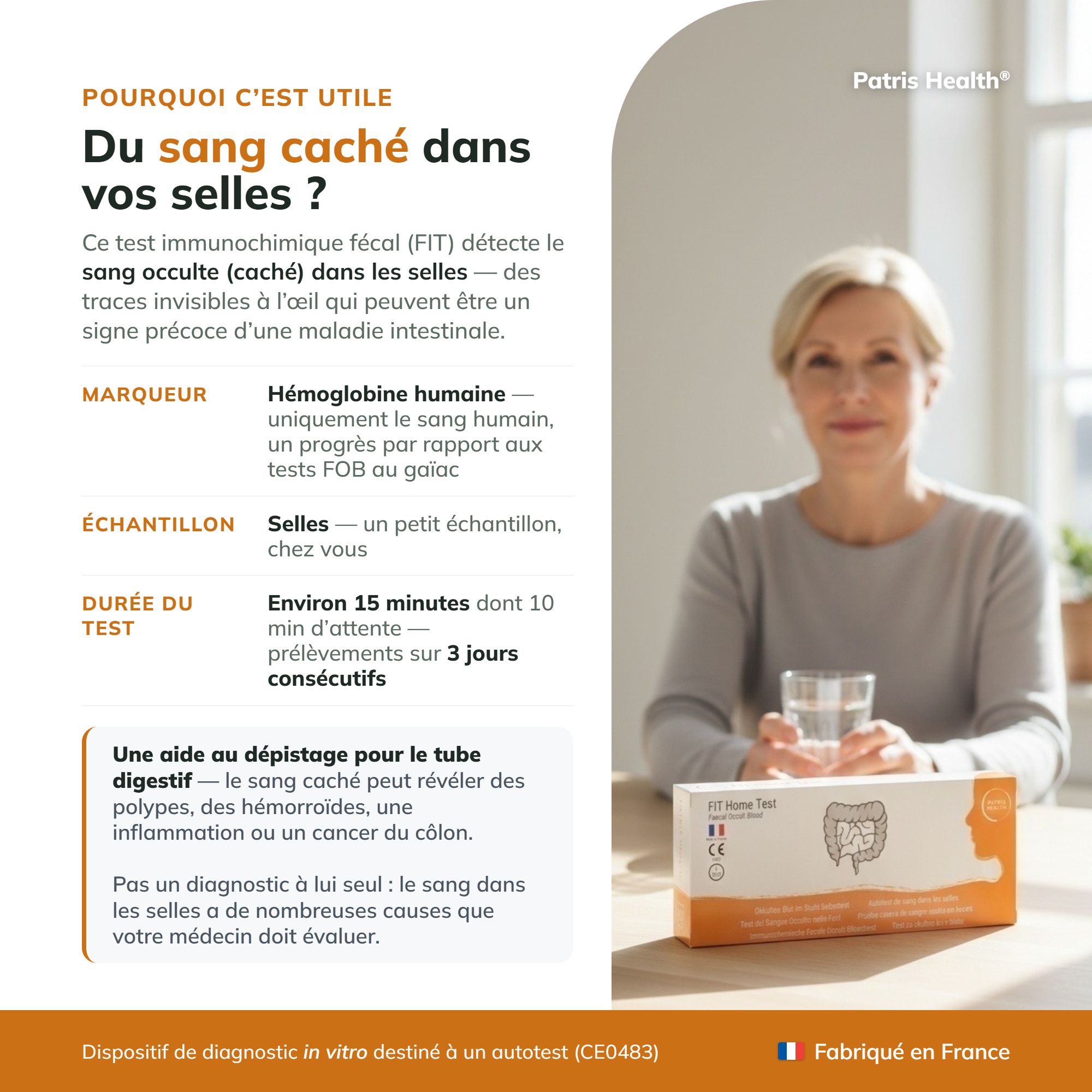 Procédure du test FIT Home Test en 6 étapes : prélèvement, mélange, application, lecture résultat.