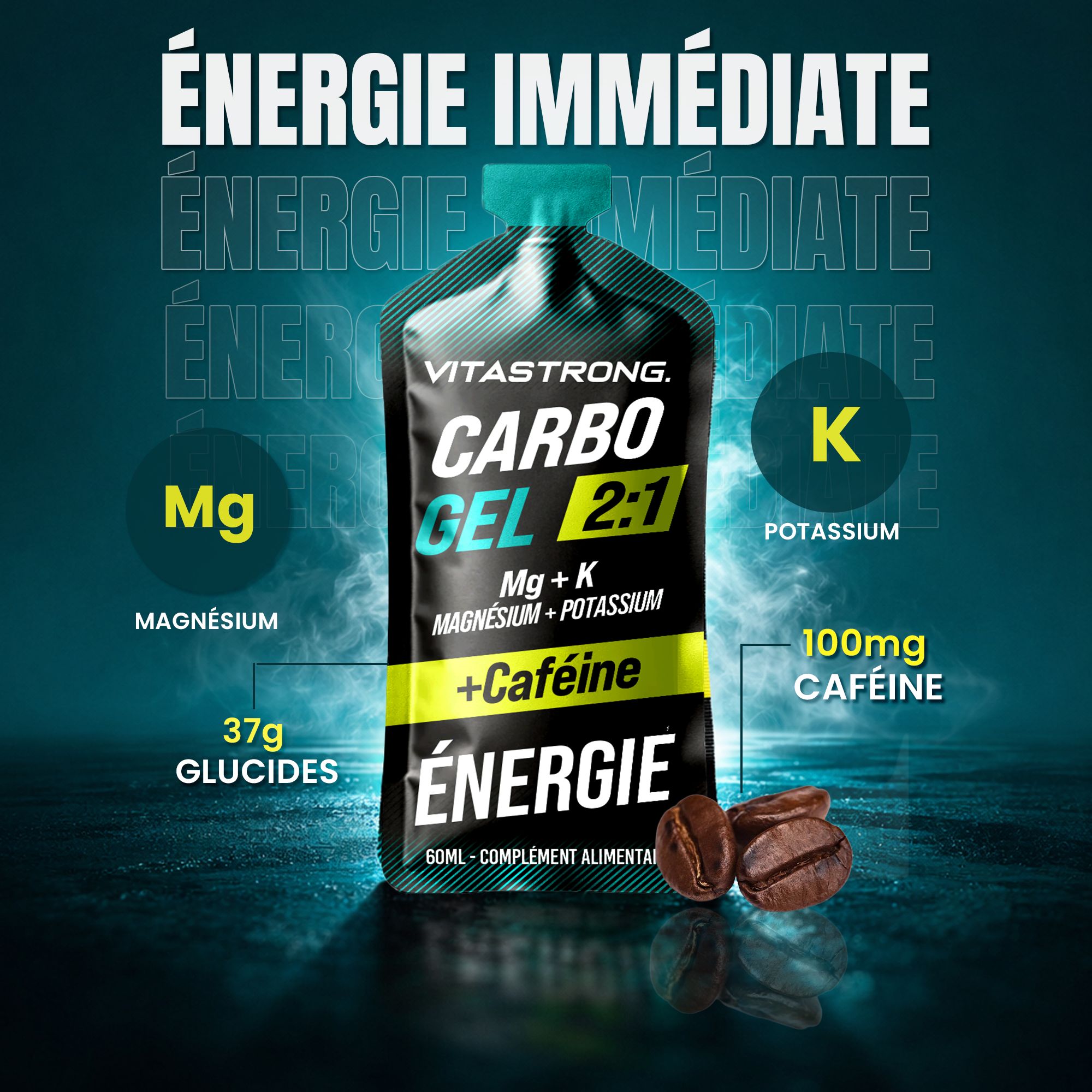 Vitastrong Carbo Gel 2:1 + Koffein. Gelverpakking. Tekst: Carbo Gel 2:1, Mg + K, Magnesium + Kalium + Cafeïne, Energie. Koffiebonen.