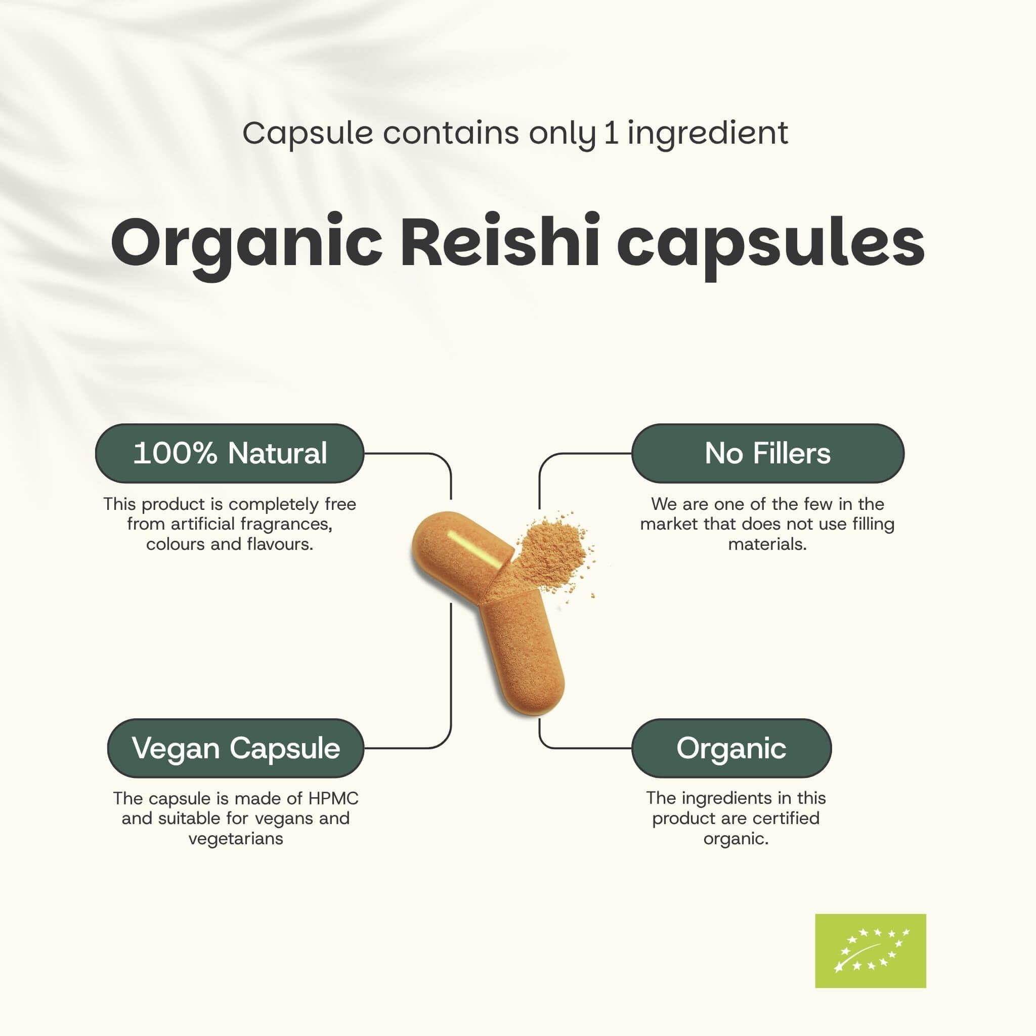 Gélule avec contenu. Texte : Gélules de Reishi biologiques. 100% naturel, sans agents de remplissage, gélule végétalienne, biologique.