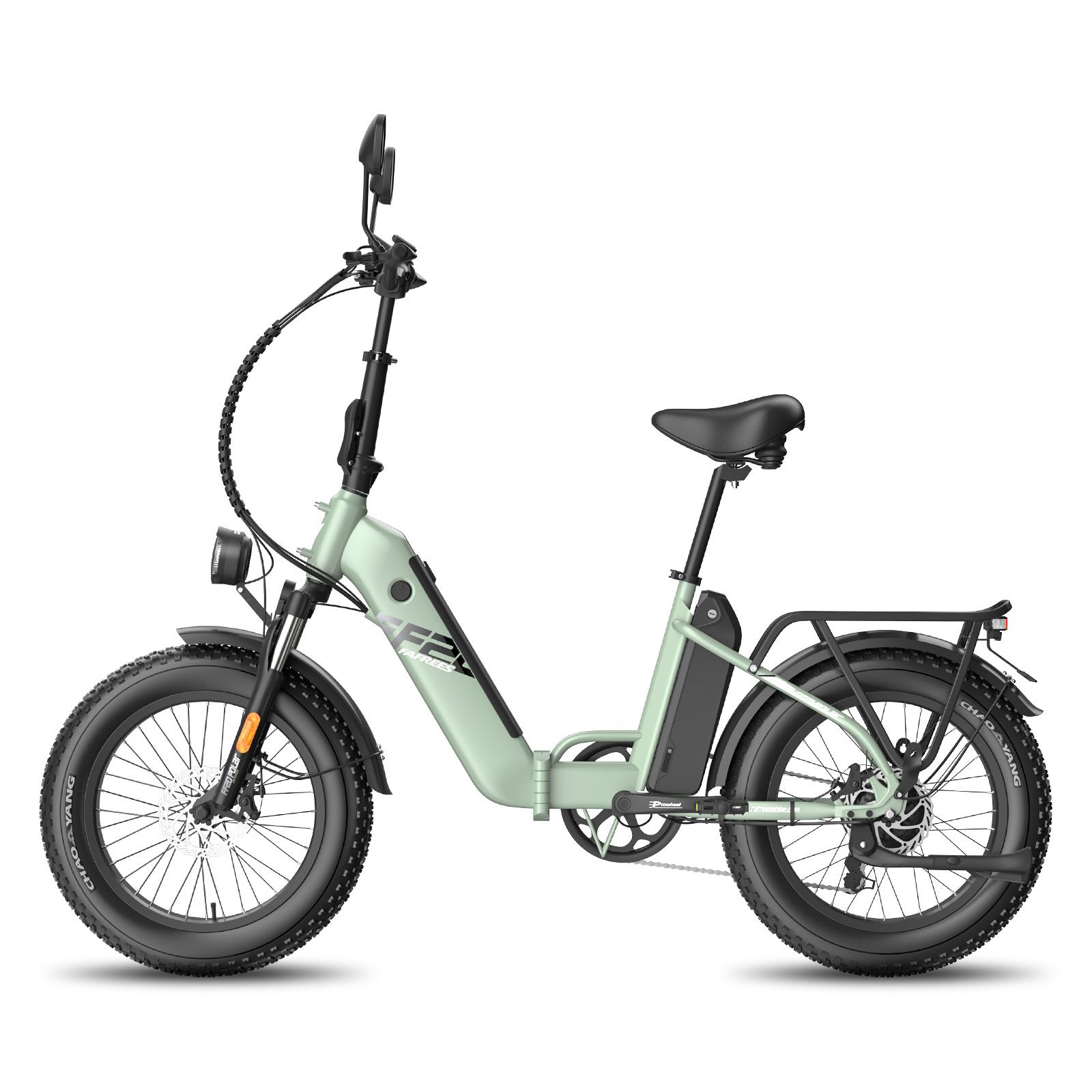 Vélo électrique vert clair avec pneus noirs et porte-bagages. Visible : logo F2, phare, selle et guidon.
