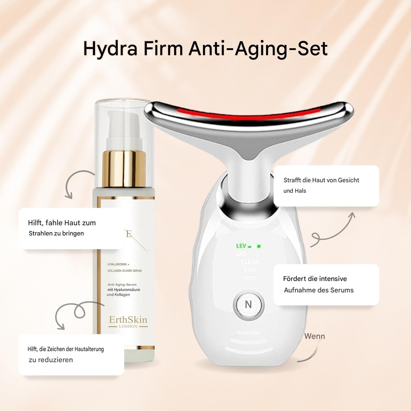 Erth Skin London Hydra Firm Anti-Aging Set: nek LED-massager en elixer serum met instructies.