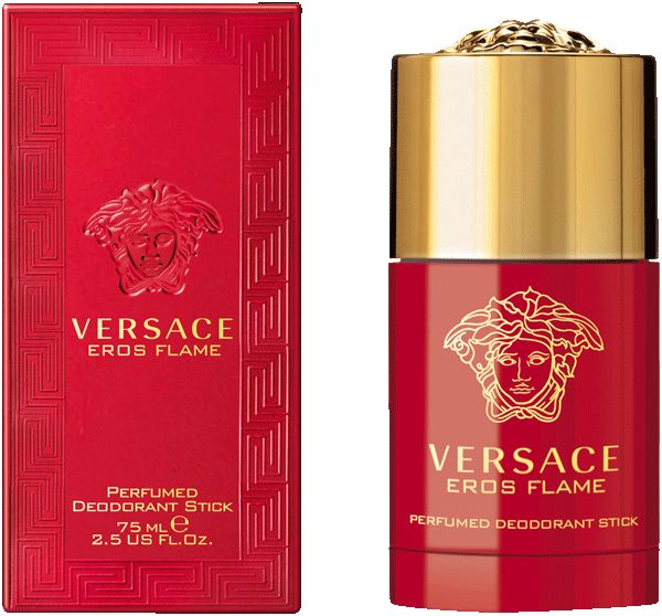 Stick déodorant rouge et emballage. Capuchon doré. Marque et nom du produit imprimés. 75 ml.