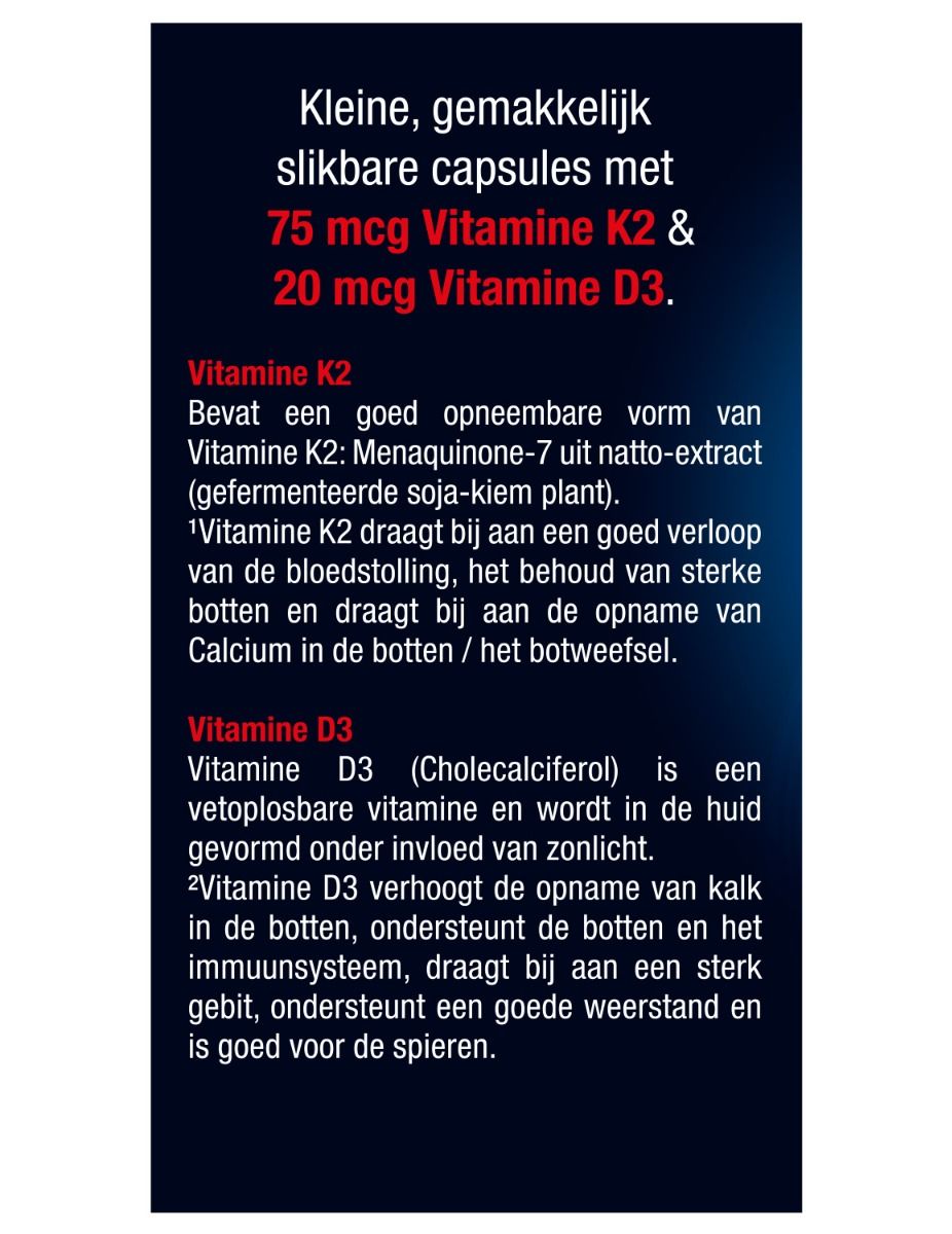 Texte sur l'emballage. Décrit les avantages de la vitamine K2 et D3. Contient des informations sur les ingrédients.
