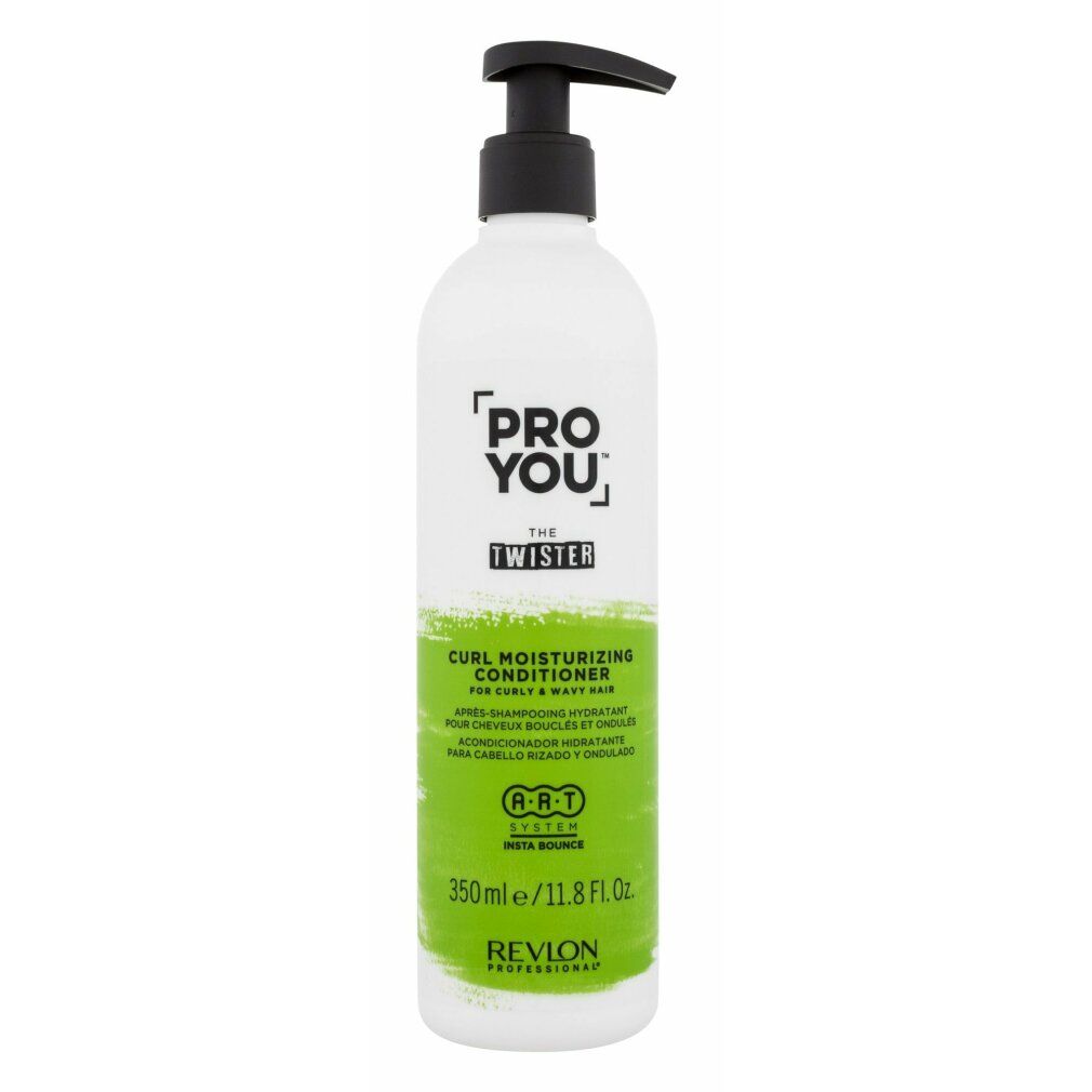 Flacon blanc avec pompe noire. Inscription : Pro You The Twister. Impression verte et blanche. 350ml/11.8 Fl. Oz. Revlon Professional.