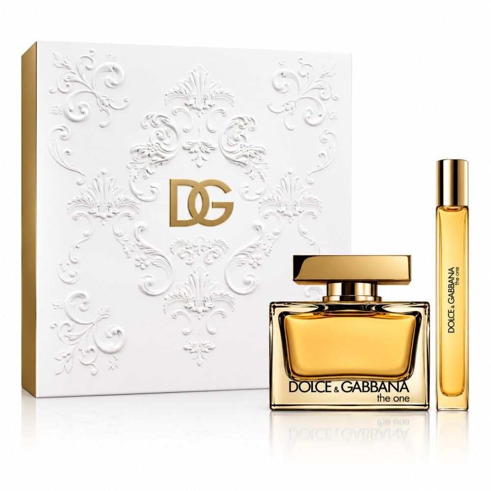 Coffret de parfum Dolce & Gabbana The One avec flacon et rollerball. Boîte cadeau blanche avec logo DG doré.