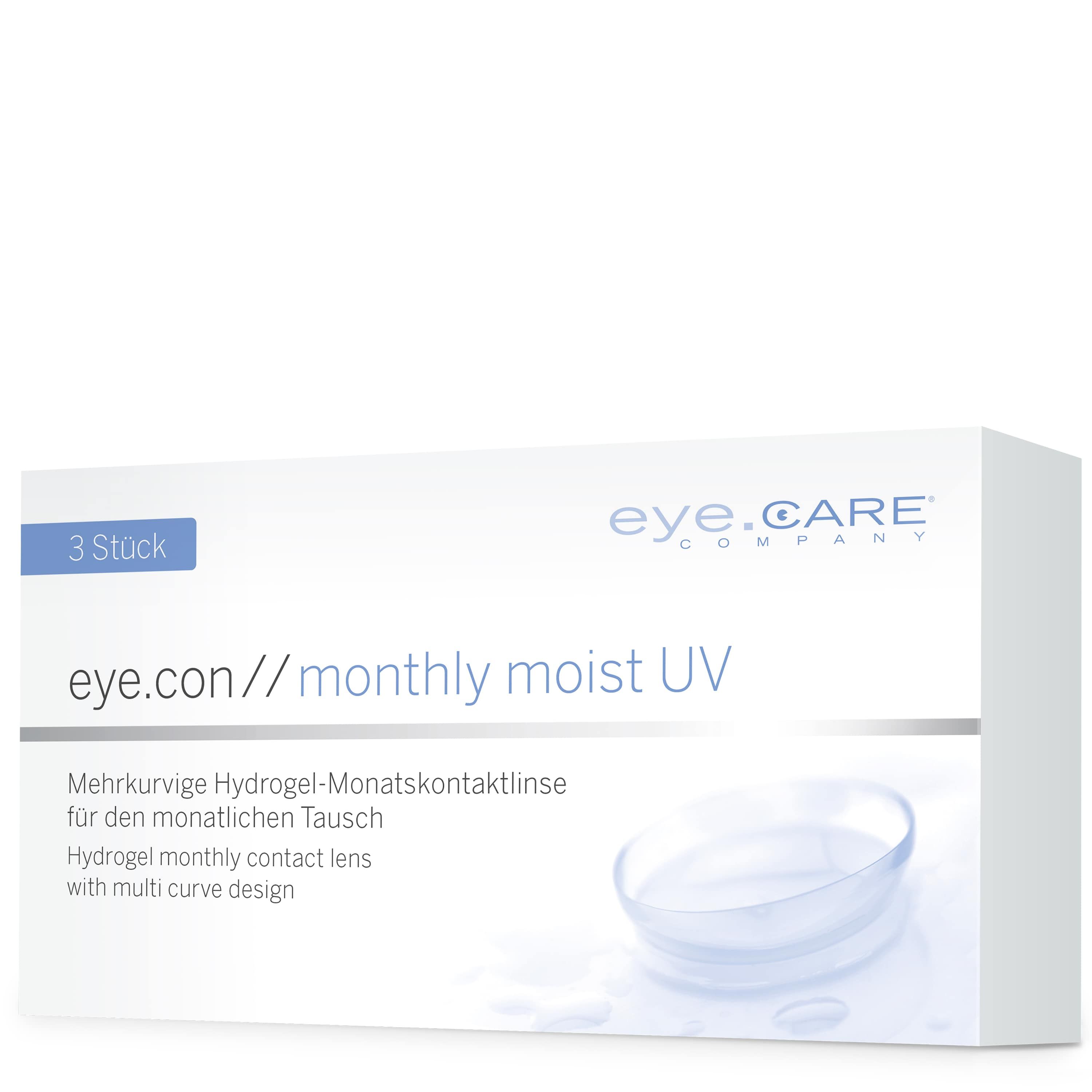 Witte verpakking met "eye.con//monthly moist UV". Bevat 3 stuks. Tekst in het Duits en Engels. Contactlens afgebeeld.