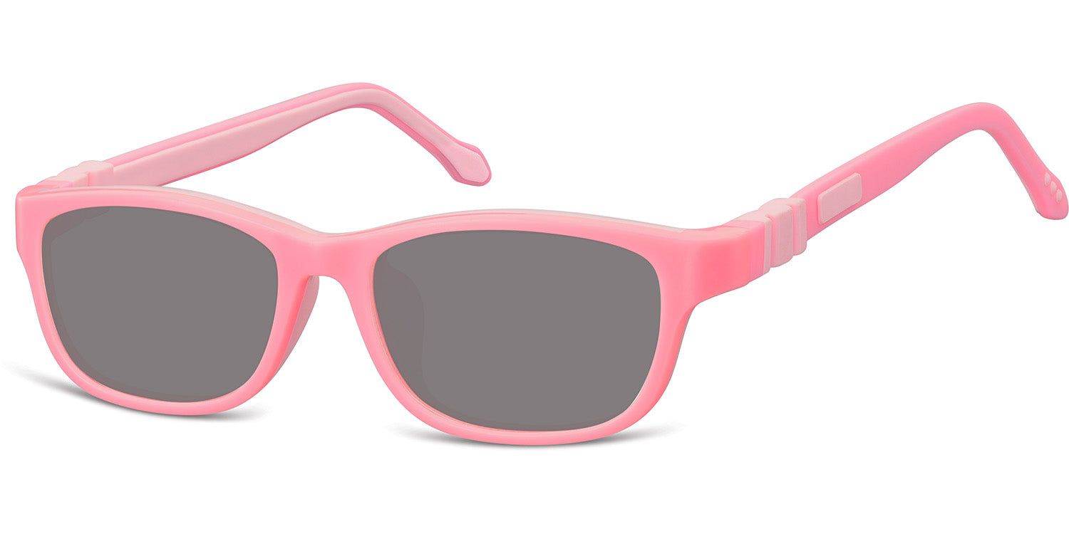 Lunettes de soleil roses pour enfants. Verres gris, monture rectangulaire en plastique. Branches articulées.