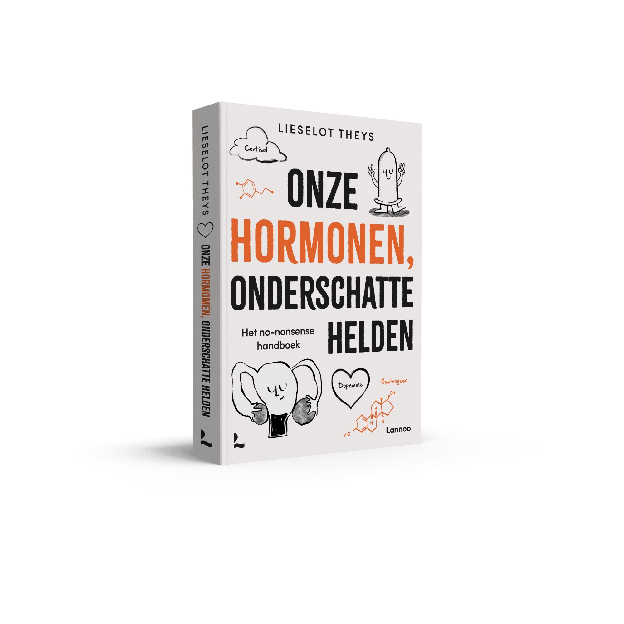 Livre "Onze Hormonen, onderschatte Helden". Couverture blanche, illustrations, texte orange et noir.
