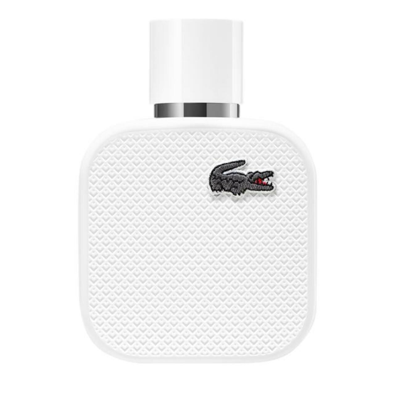 Wit parfumflesje met krokodillenlogo. Opschrift: Lacoste L.12.12 Blanc.