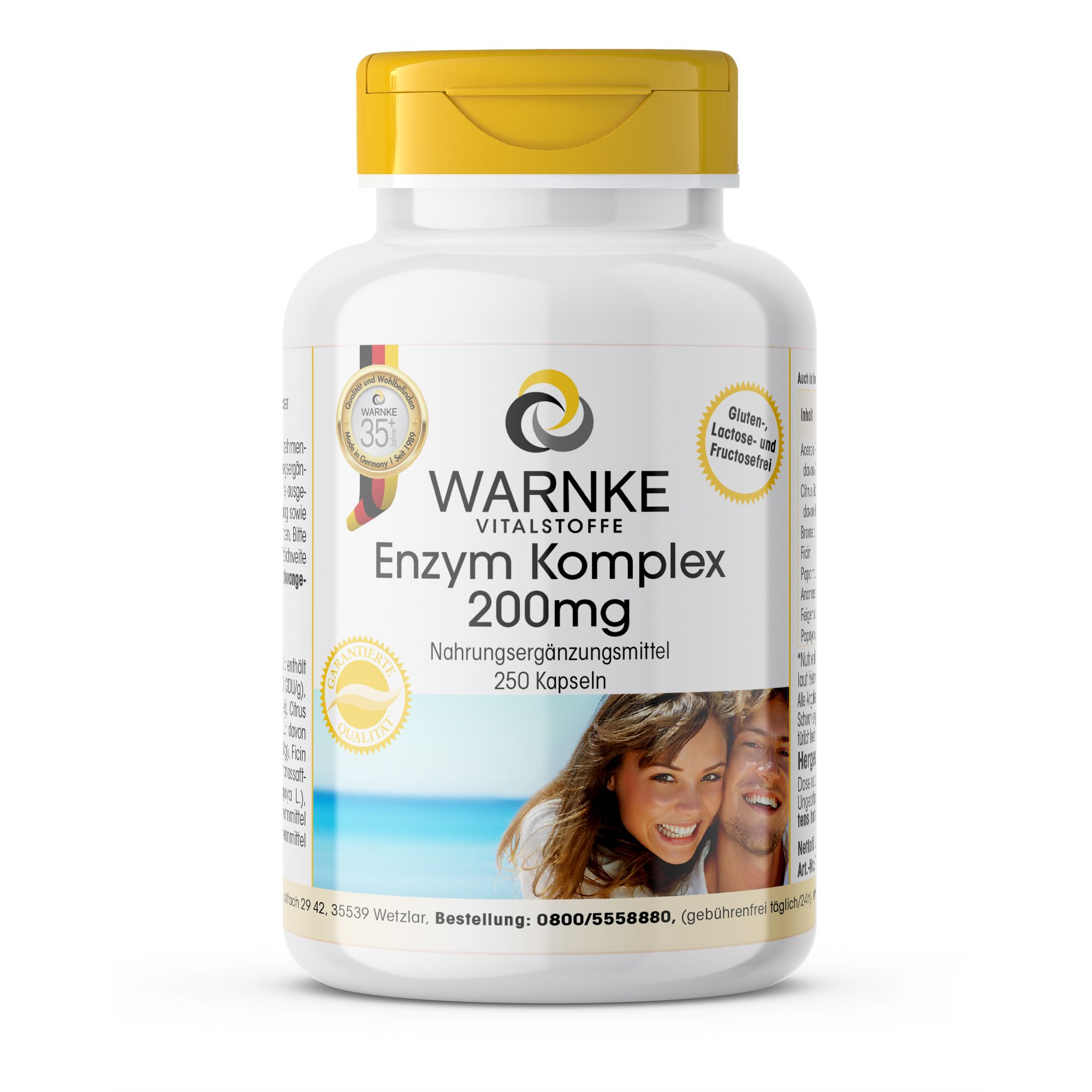 Flacon blanc à bouchon jaune. Inscription: Warnke Vitalstoffe, Enzym Komplex 200mg, complément alimentaire. 250 gélules.