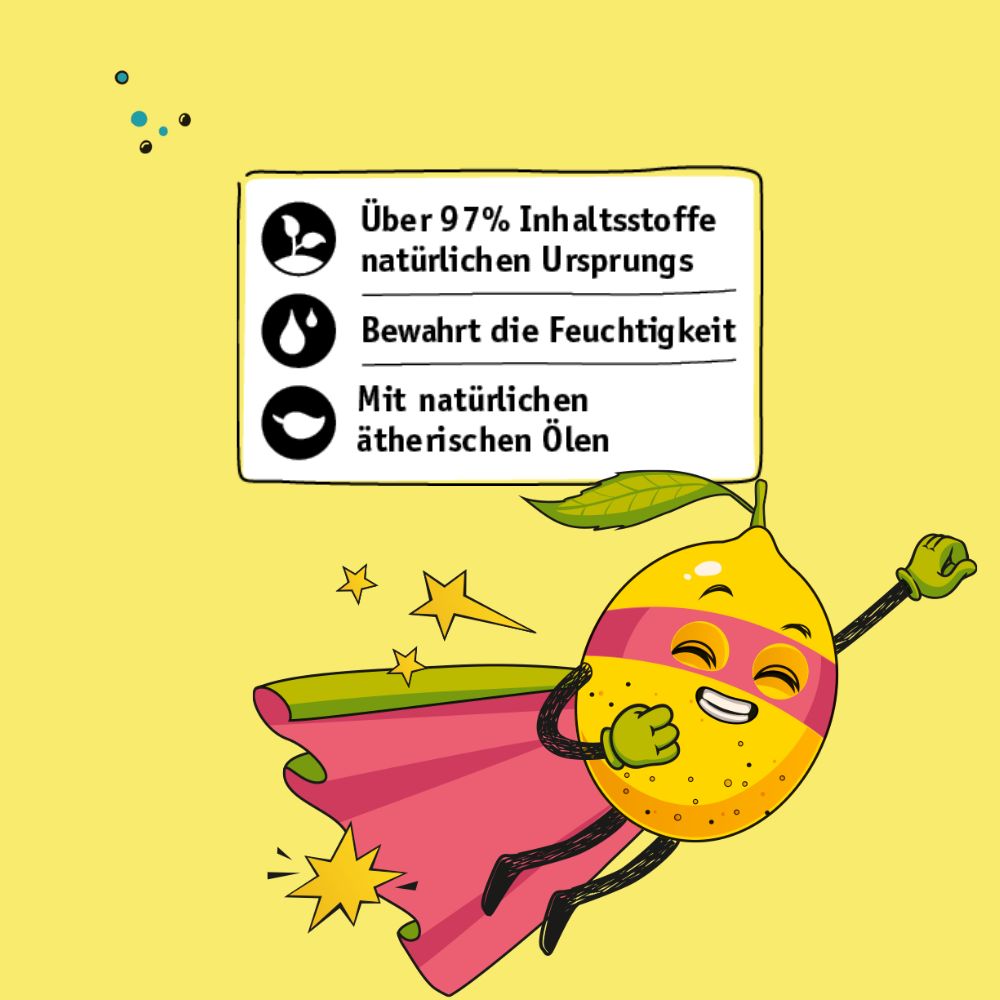 Illustratie van een citroen als superheld met tekst: 'Meer dan 97% ingrediënten van natuurlijke oorsprong'.