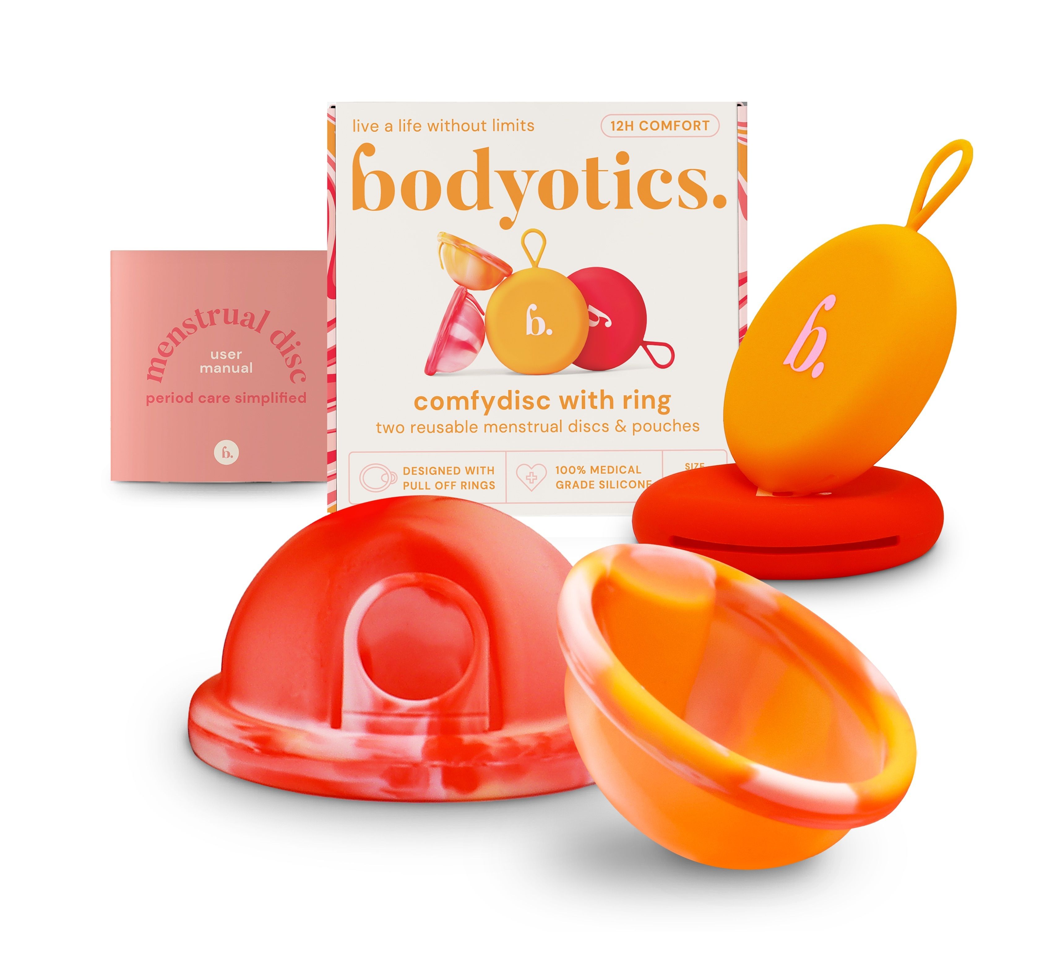 Twee herbruikbare menstruatieschijven in rood en oranje, met opbergzakjes en gebruikershandleiding.
