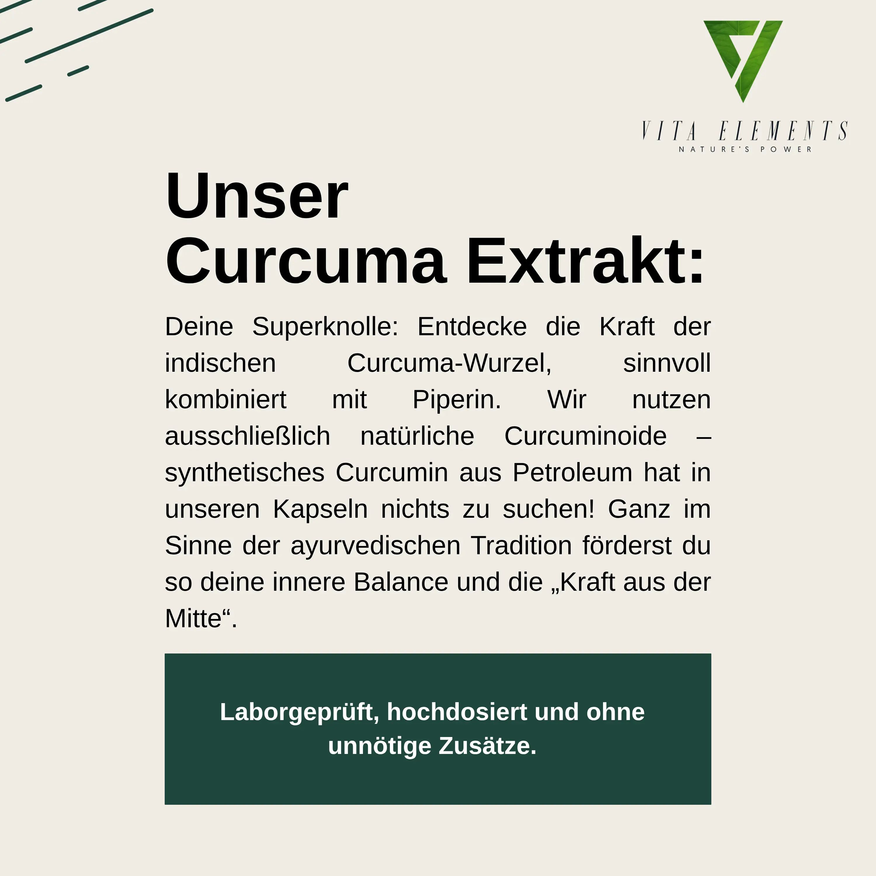 Vita Elements Kurkuma Extract: Informatie over ingrediënten, laboratoriumtesten en veganistische productie. Zonder onnodige toevoegingen.