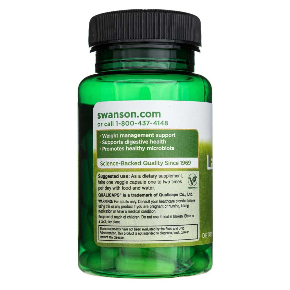 Arrière d'une bouteille de Swanson Lactobacillus Gasseri avec informations sur la qualité et l'utilisation.