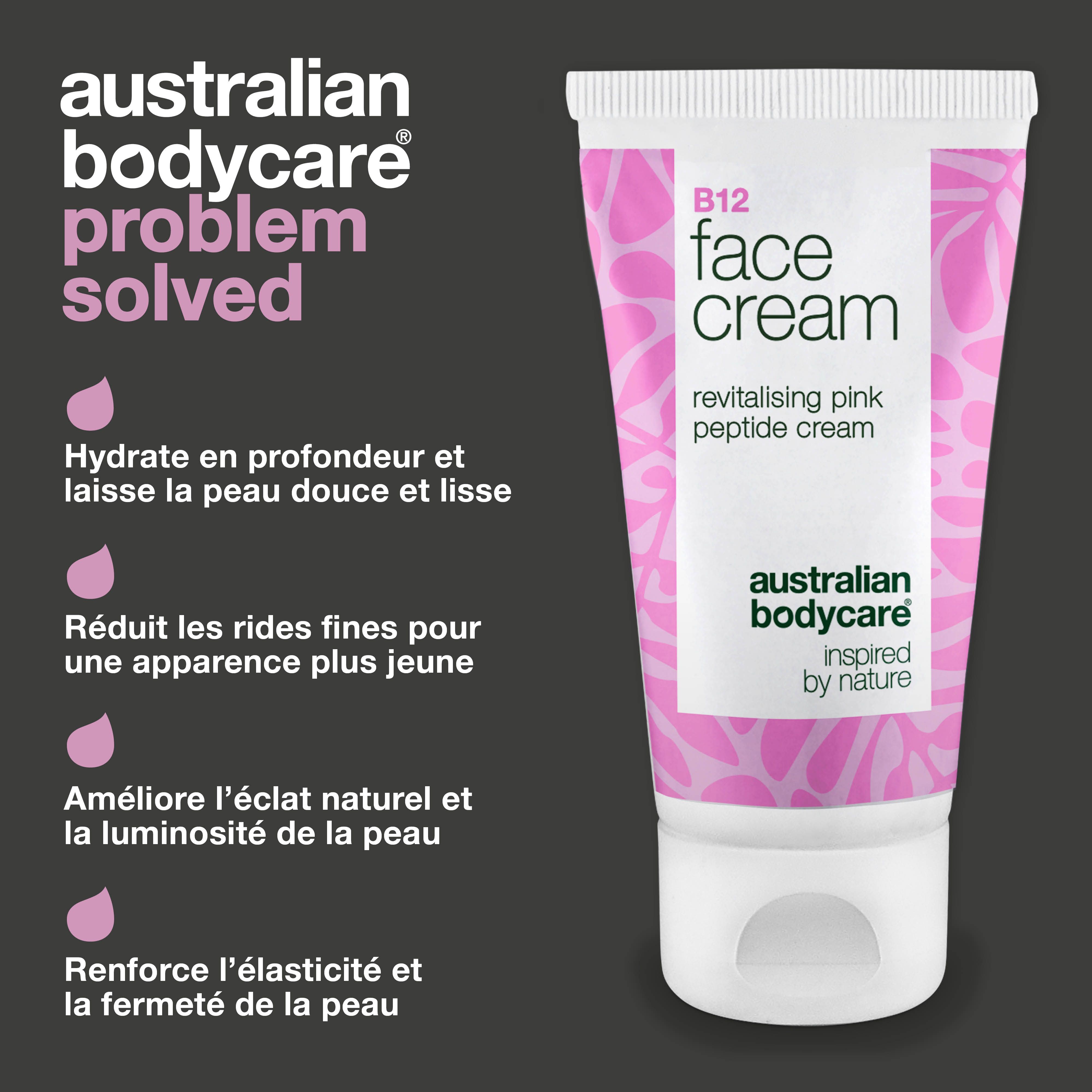 Tube de crème visage B12. Inscription : Face Cream, Australian Bodycare. Gouttes roses et texte sur les avantages : hydratation, etc.