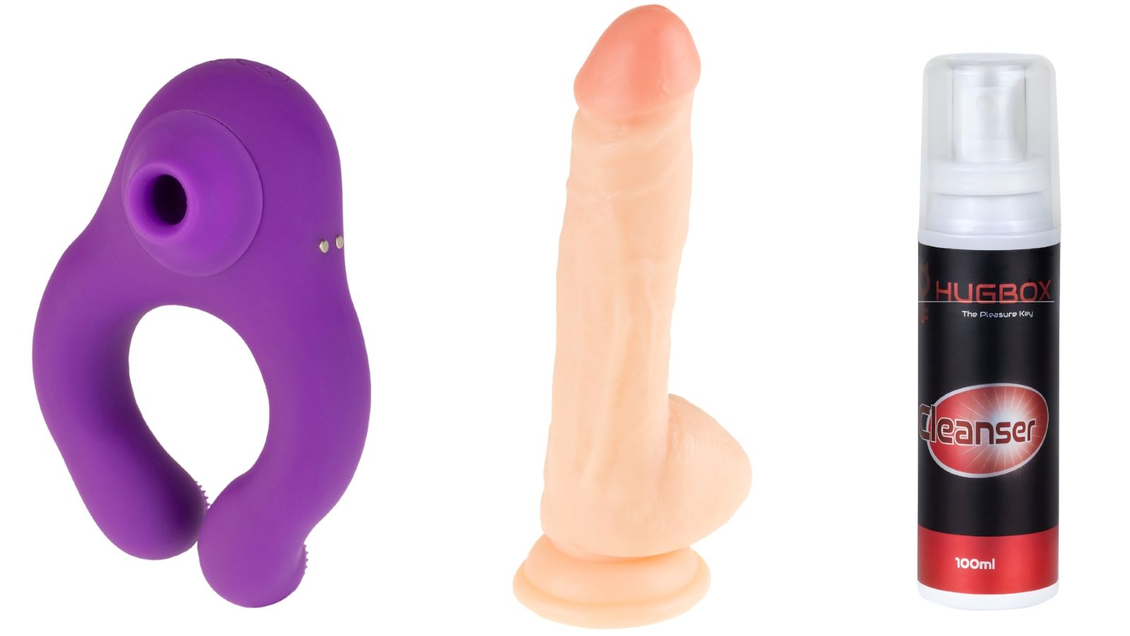 Trois produits: Anneau violet, dildo et spray. Le spray indique 'Cleanser' et '100ml'.
