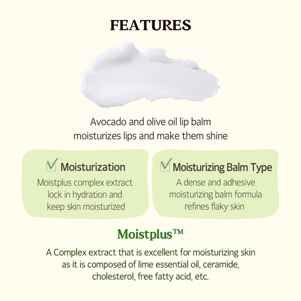 Texte avec des informations sur le baume à lèvres Avocado & Olive. Contient des informations sur l'hydratation.