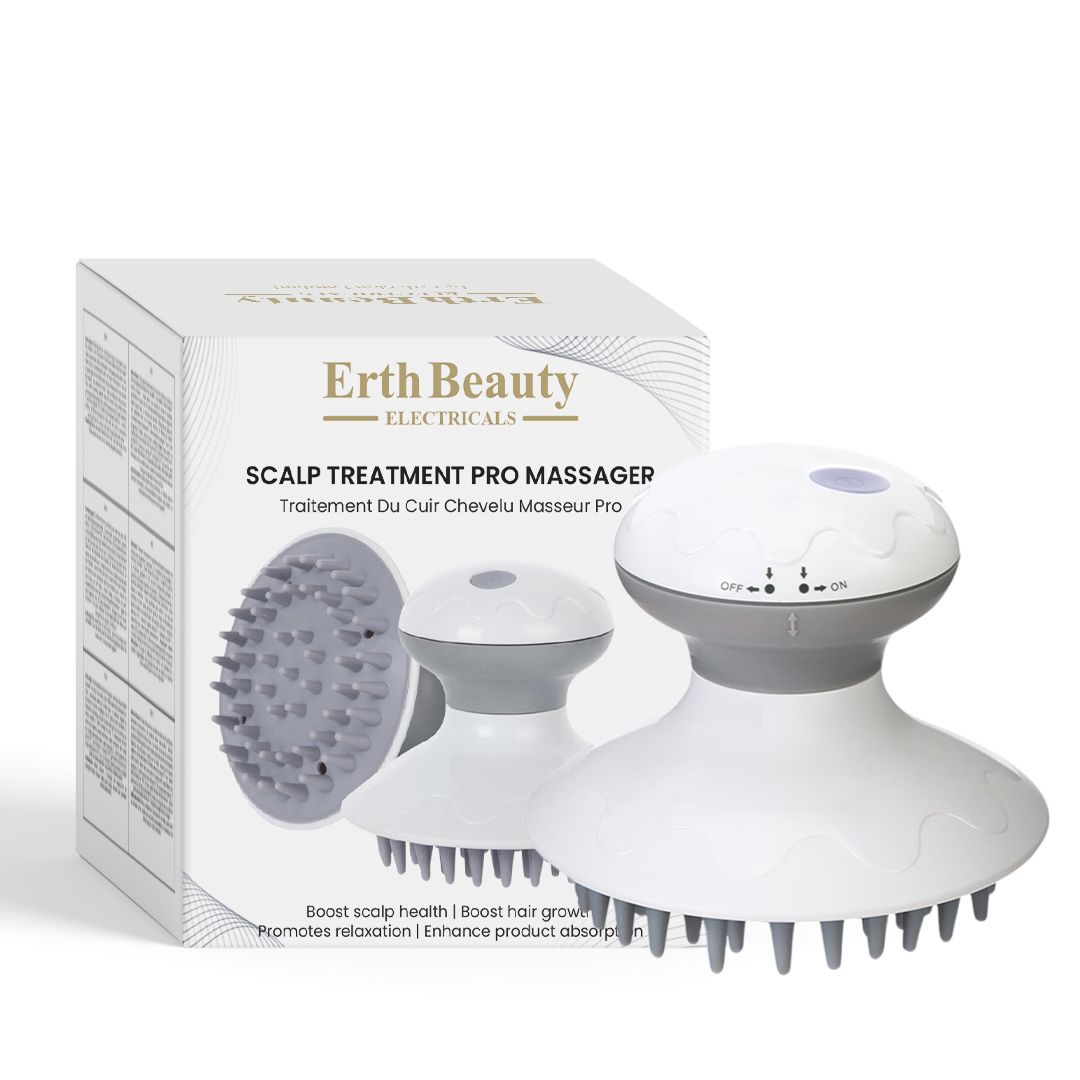 Elektrisch hoofdhuidmassageapparaat en verpakking met Erth Beauty Electricals logo.