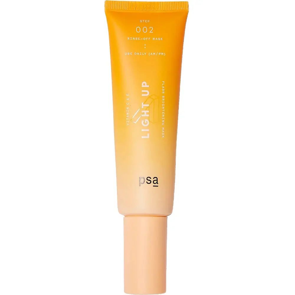 Masque éclaircissant à la vitamine C PSA Light Up dans un tube orange avec inscription blanche.