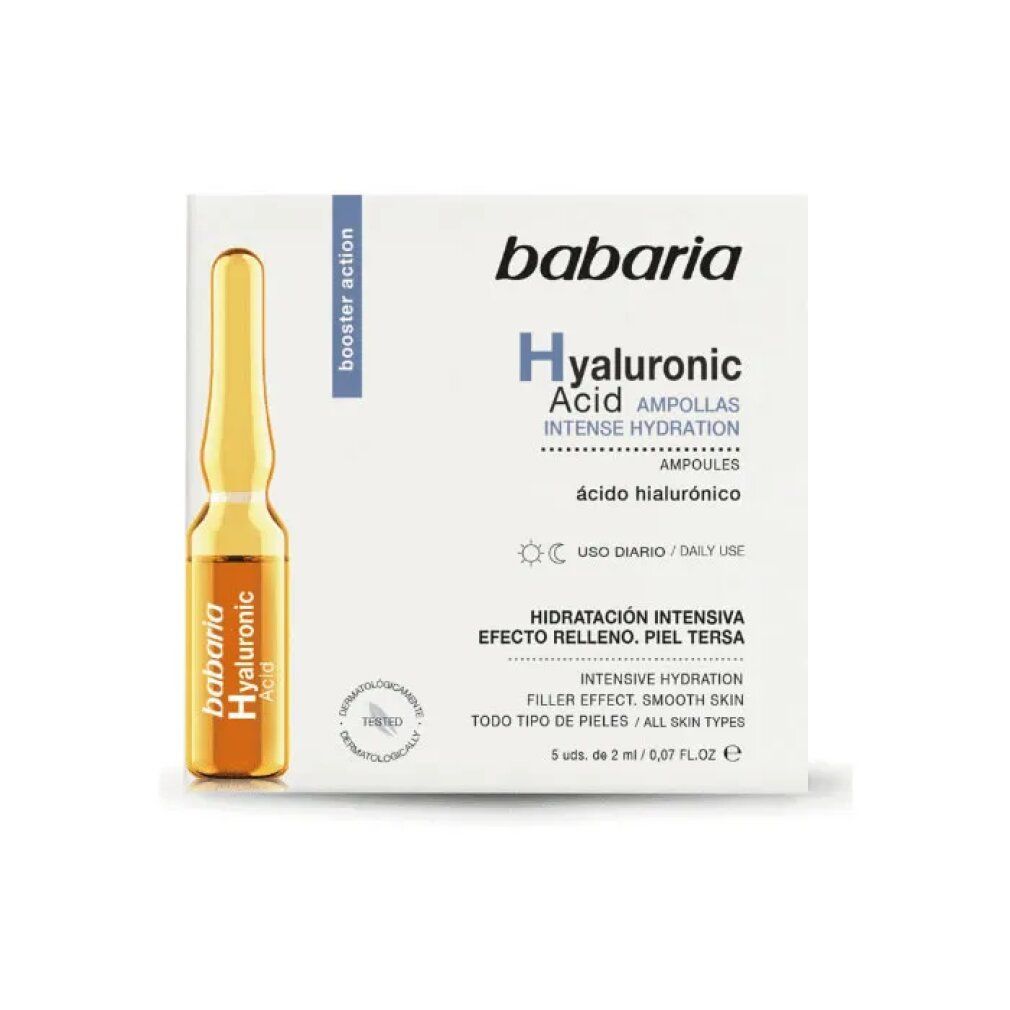 Boîte de Babaria Ampoules d'Acide Hyaluronique. Une ampoule visible. Inscription : Hyaluronic Acid, Intense Hydration.