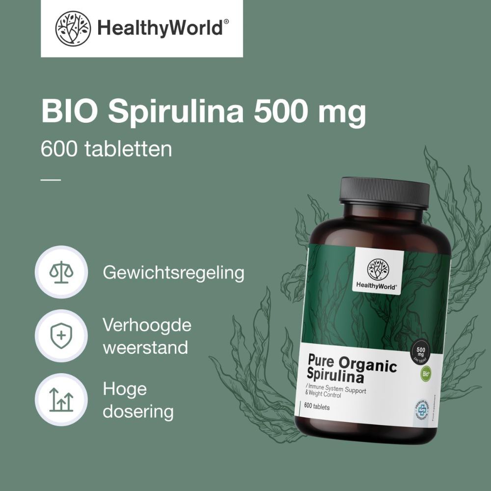 BIO Spirulina 500 mg, 600 tabletten. Gewichtsregeling, verhoogde weerstand, hoge dosering.