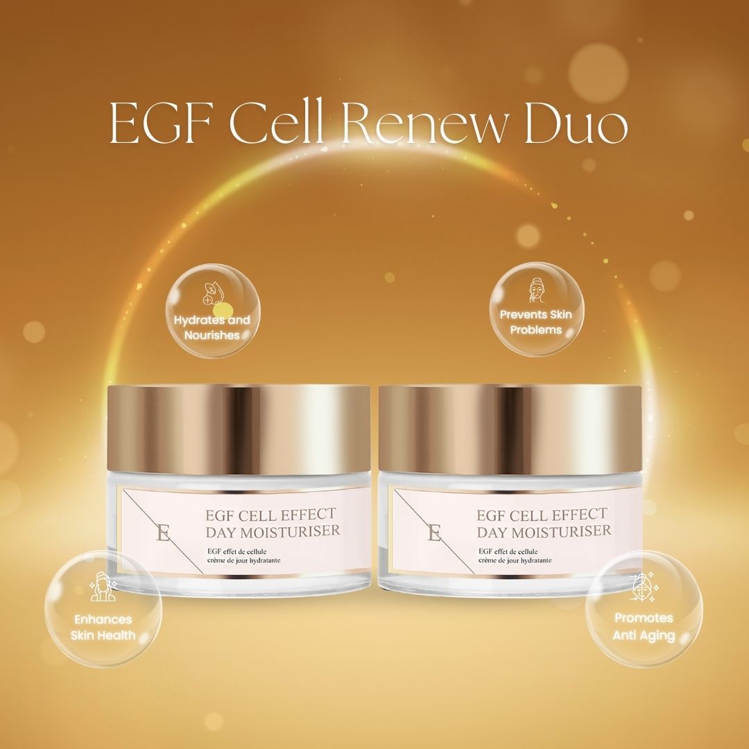 Deux pots de crème hydratante de jour avec couvercles dorés et étiquettes. Inscription : EGF Cell Effect Day Moisturiser. Fond doré.