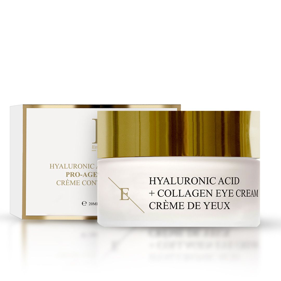 Pot de crème avec couvercle doré et boîte. Inscription: Hyaluronic Acid + Collagen Eye Cream, Crème de Yeux. Verre blanc, logo E.