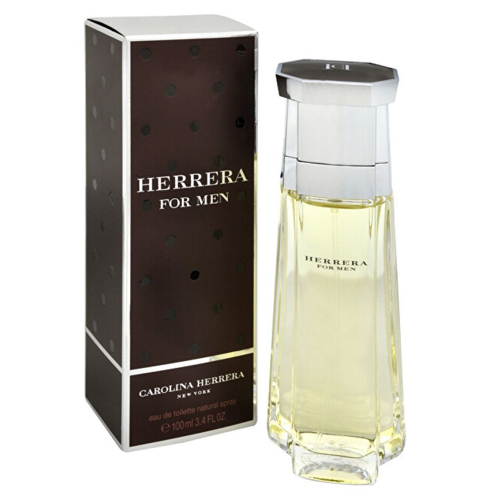 Herrera For Men Eau de Toilette fles en verpakking. Bruine doos, opschrift.