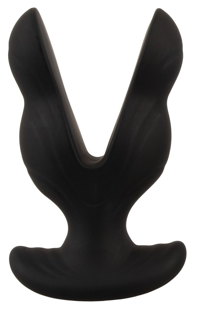 Zwarte anale dilator met V-vormige opening en brede basis.