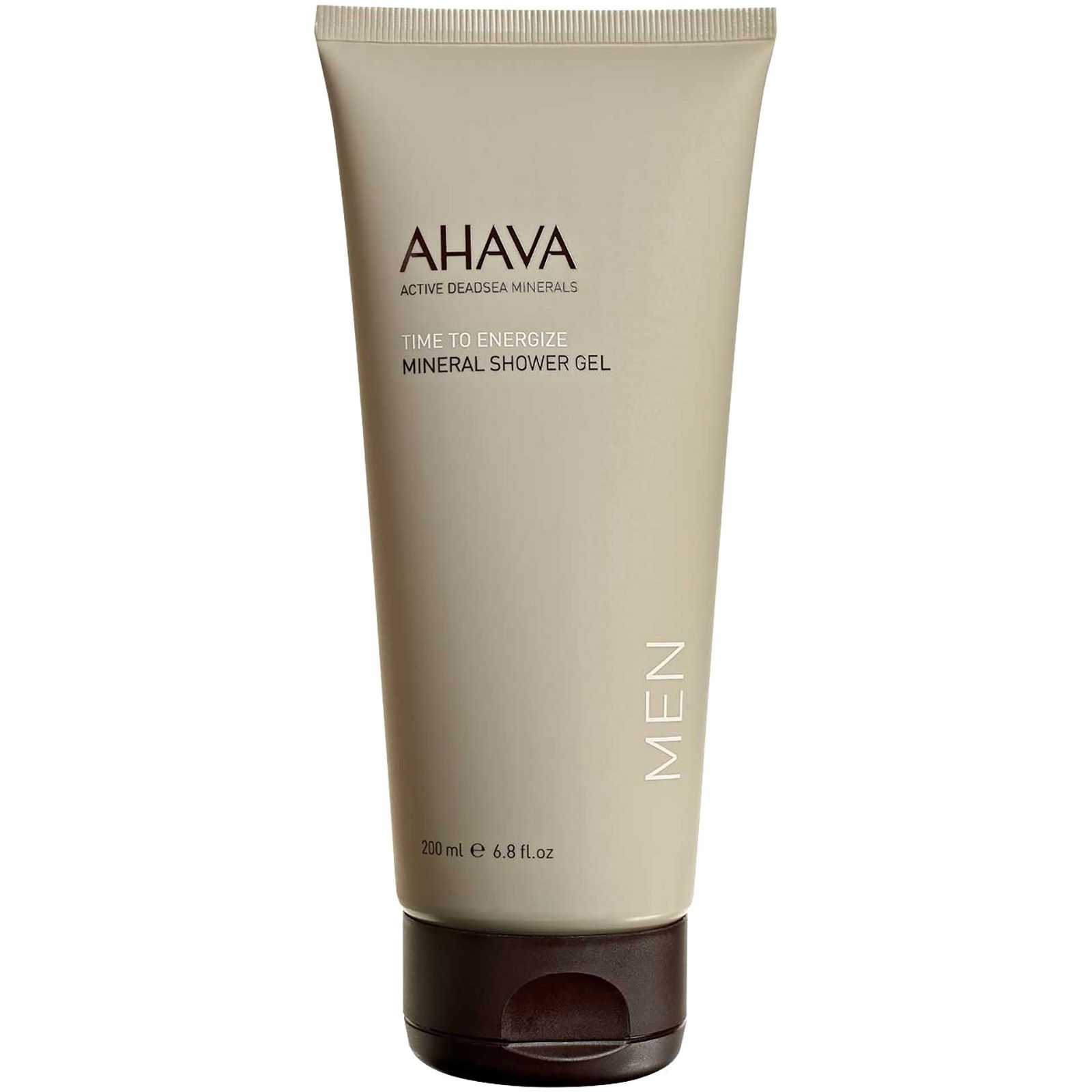 Gel douche Ahava Men, 200 ml. Tube beige avec bouchon marron.