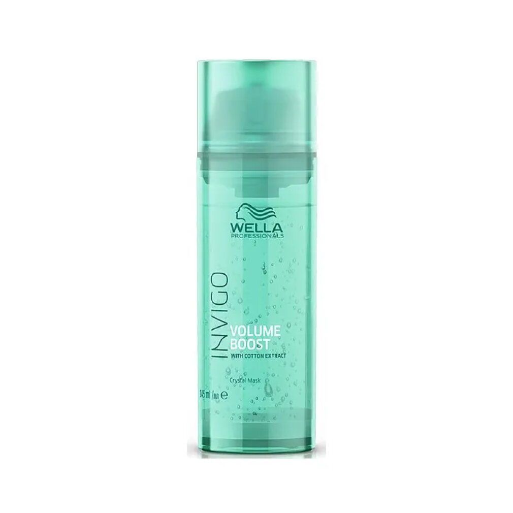 Flacon turquoise avec logo Wella Invigo et texte. Nom du produit : Volume Boost Crystal Mask. Avec extrait de coton. 200 ml.