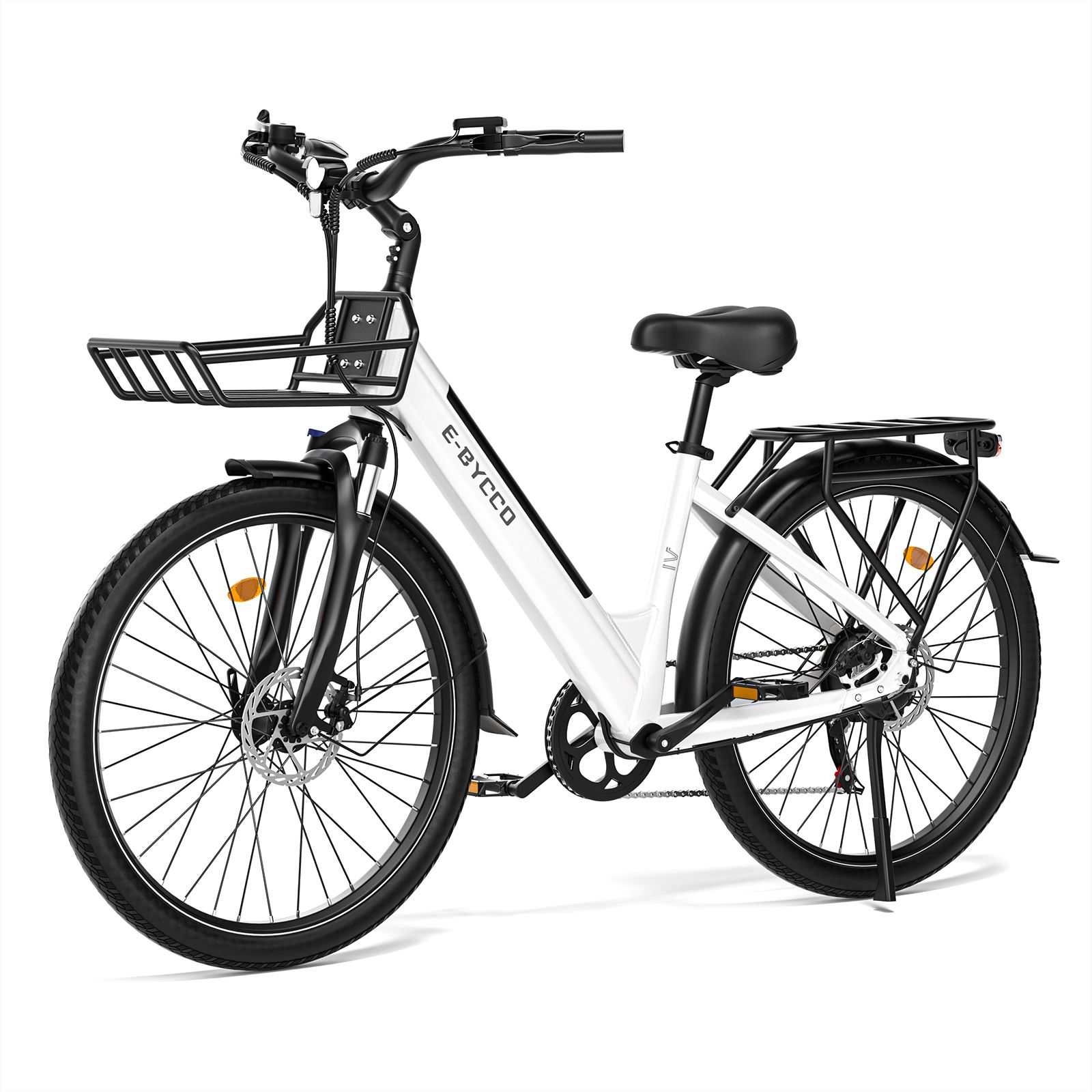 Witte e-bike met mand. Zwarte banden en details. E·Bycco logo op het frame. Vooraanzicht.