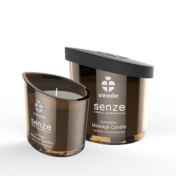 Twee Swede Senze Massage Kaarsen Euphoria, bruin glas, zwarte deksels, één geopend.