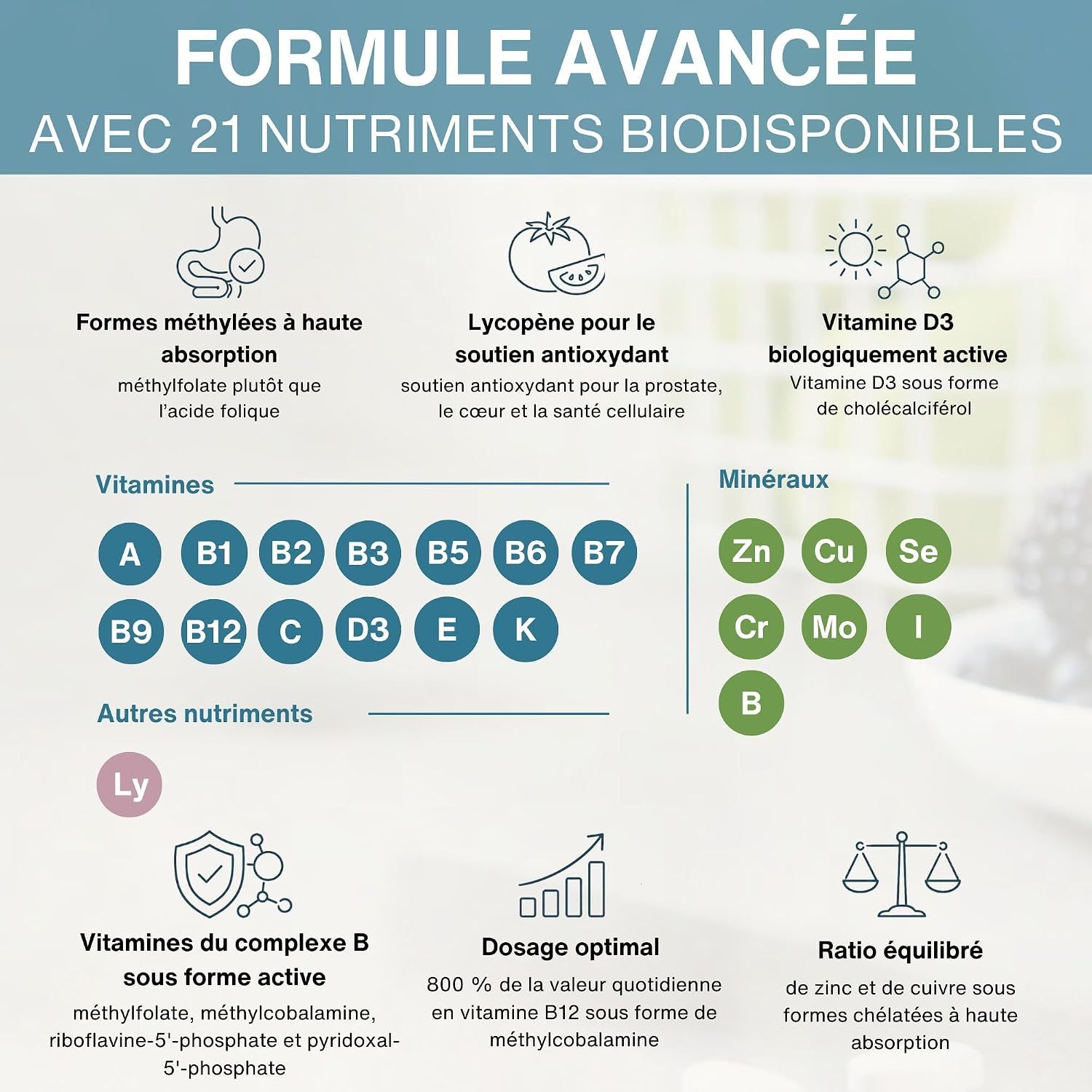 Formule avancée avec 21 nutriments biodisponibles Igennus Multivitamines pour Hommes.